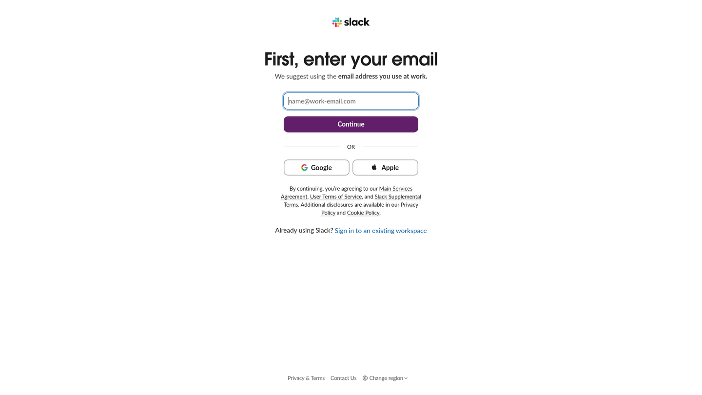 Slack signup page