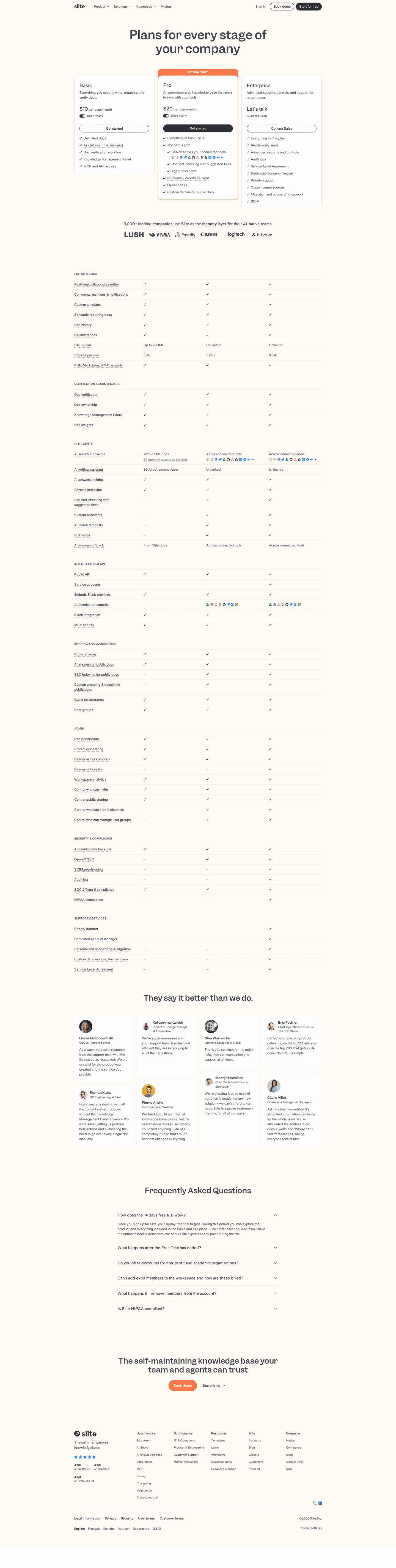 Slite pricing page