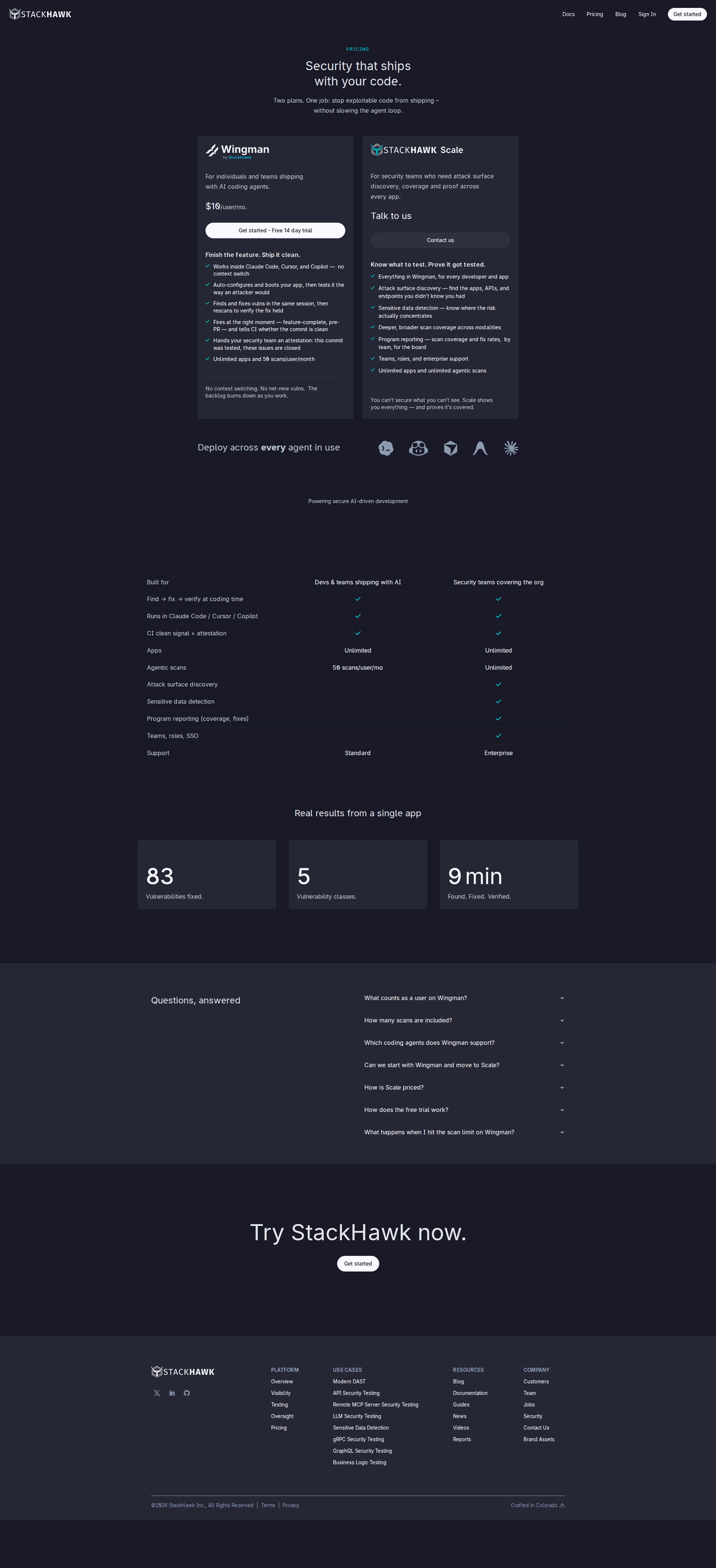Stackhawk pricing page