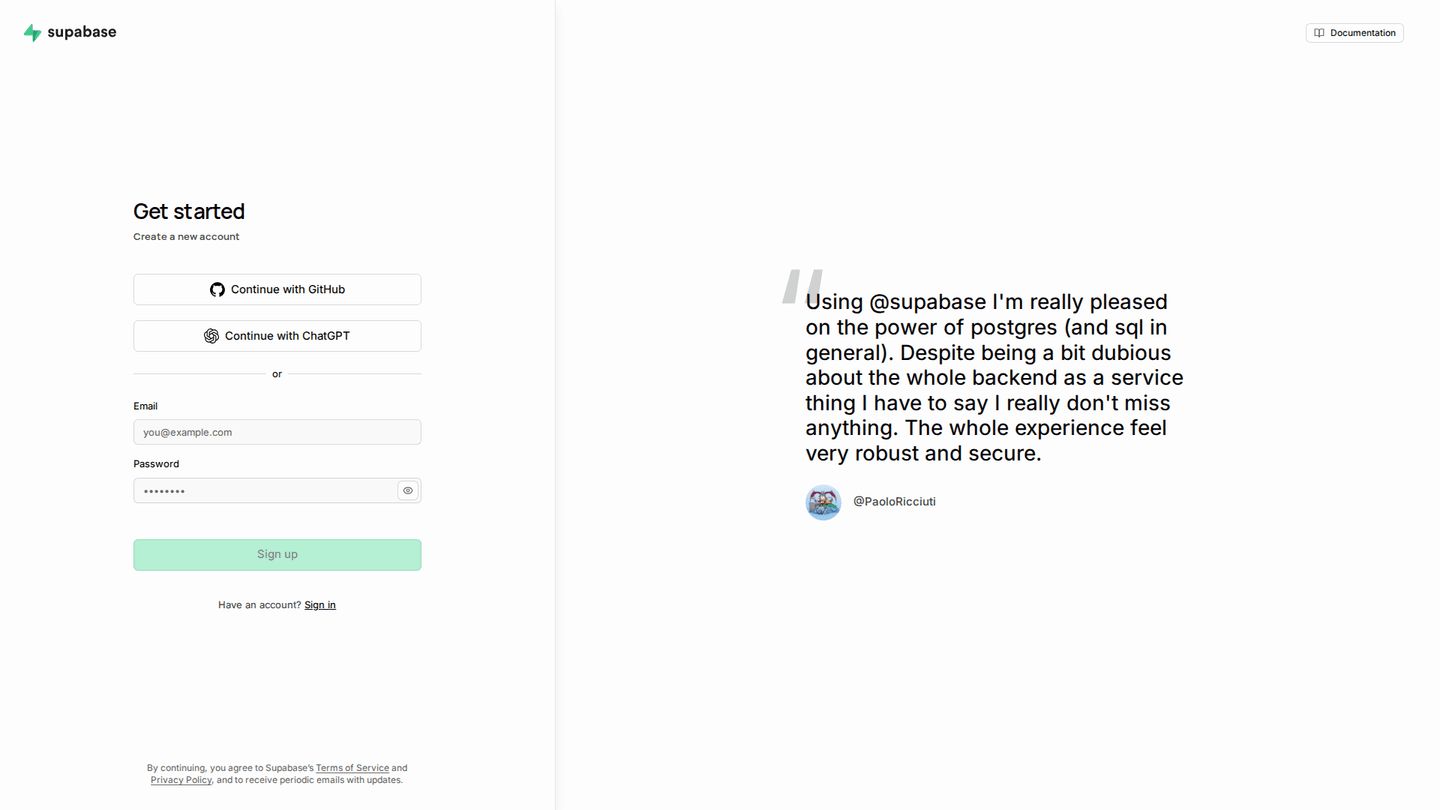 Supabase signup page