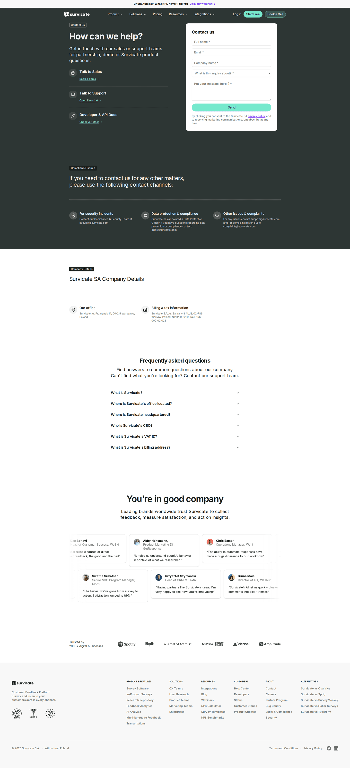 Survicate contact page