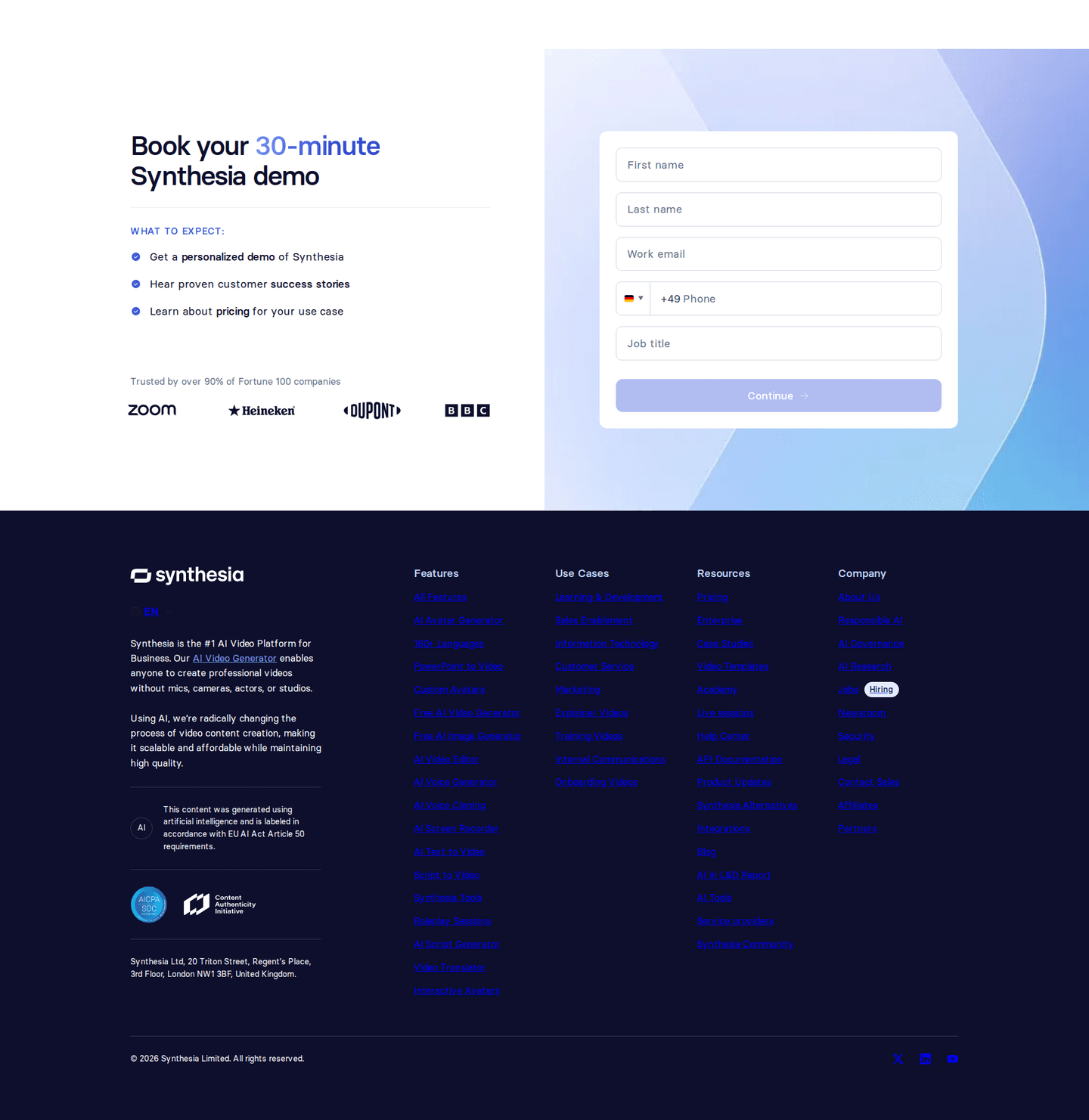 Synthesia contact page