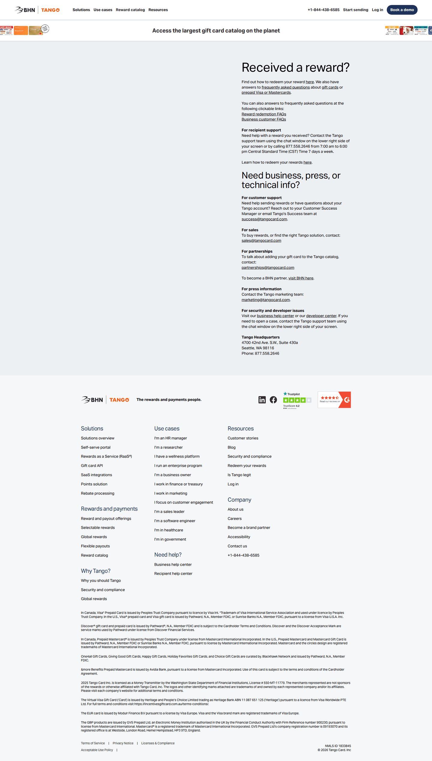 Tango Card contact page