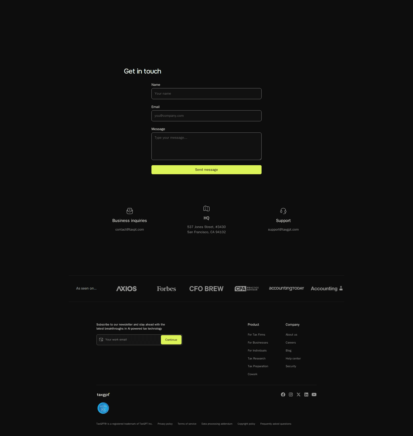TaxGPT contact page