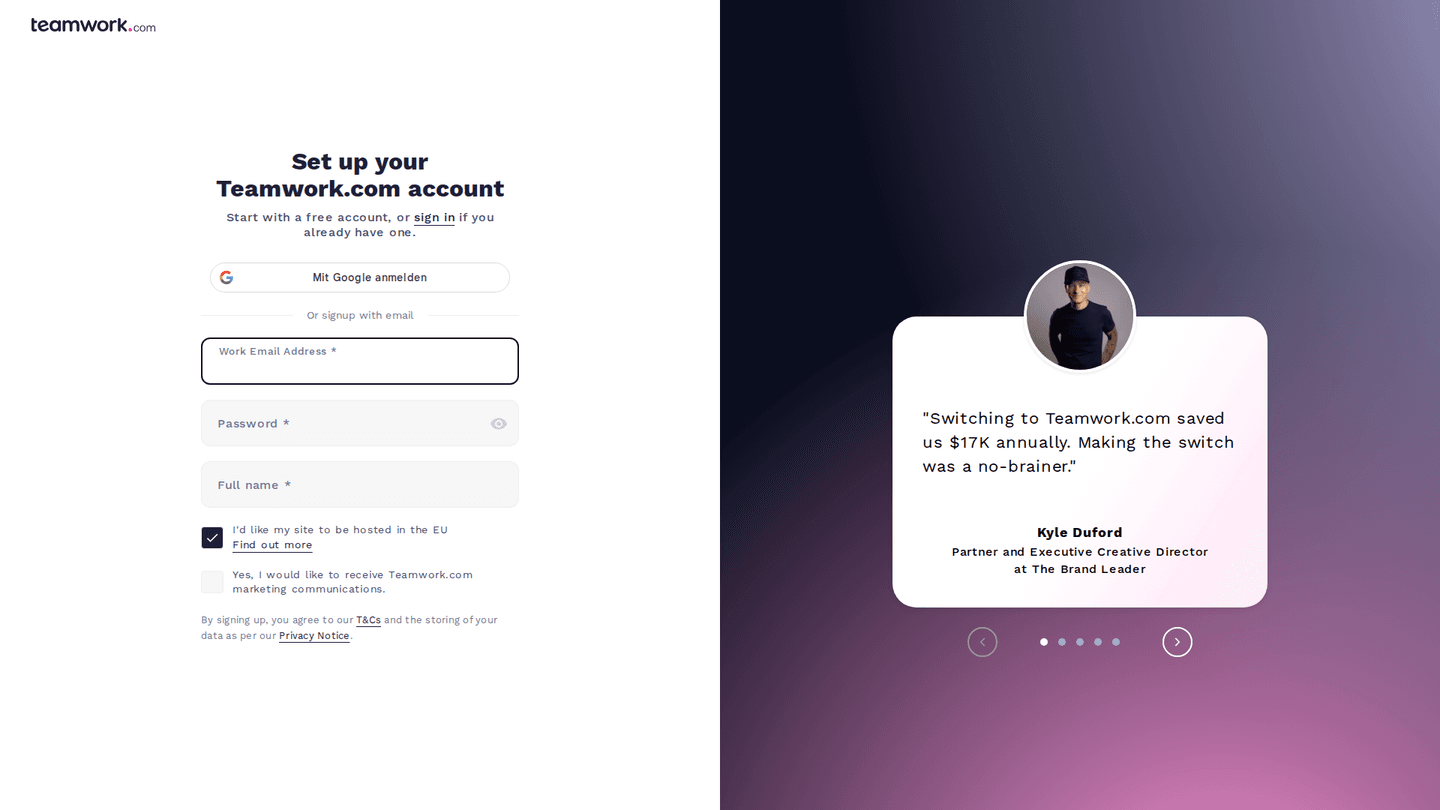 Teamwork.com signup page