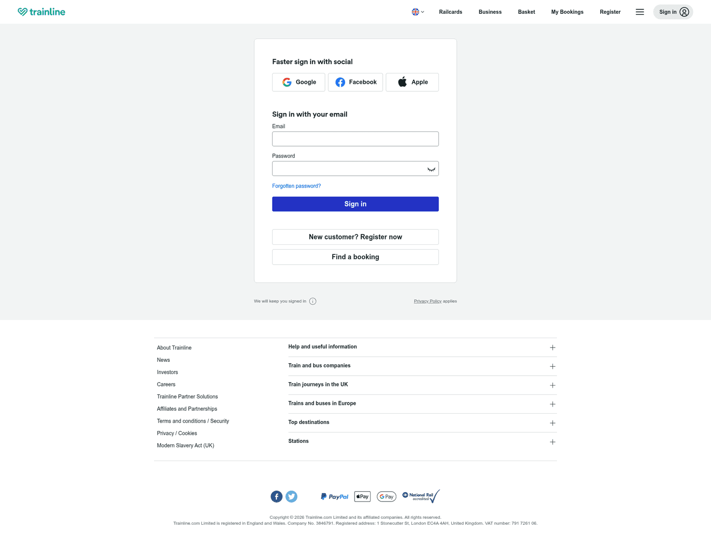 Trainline signup page