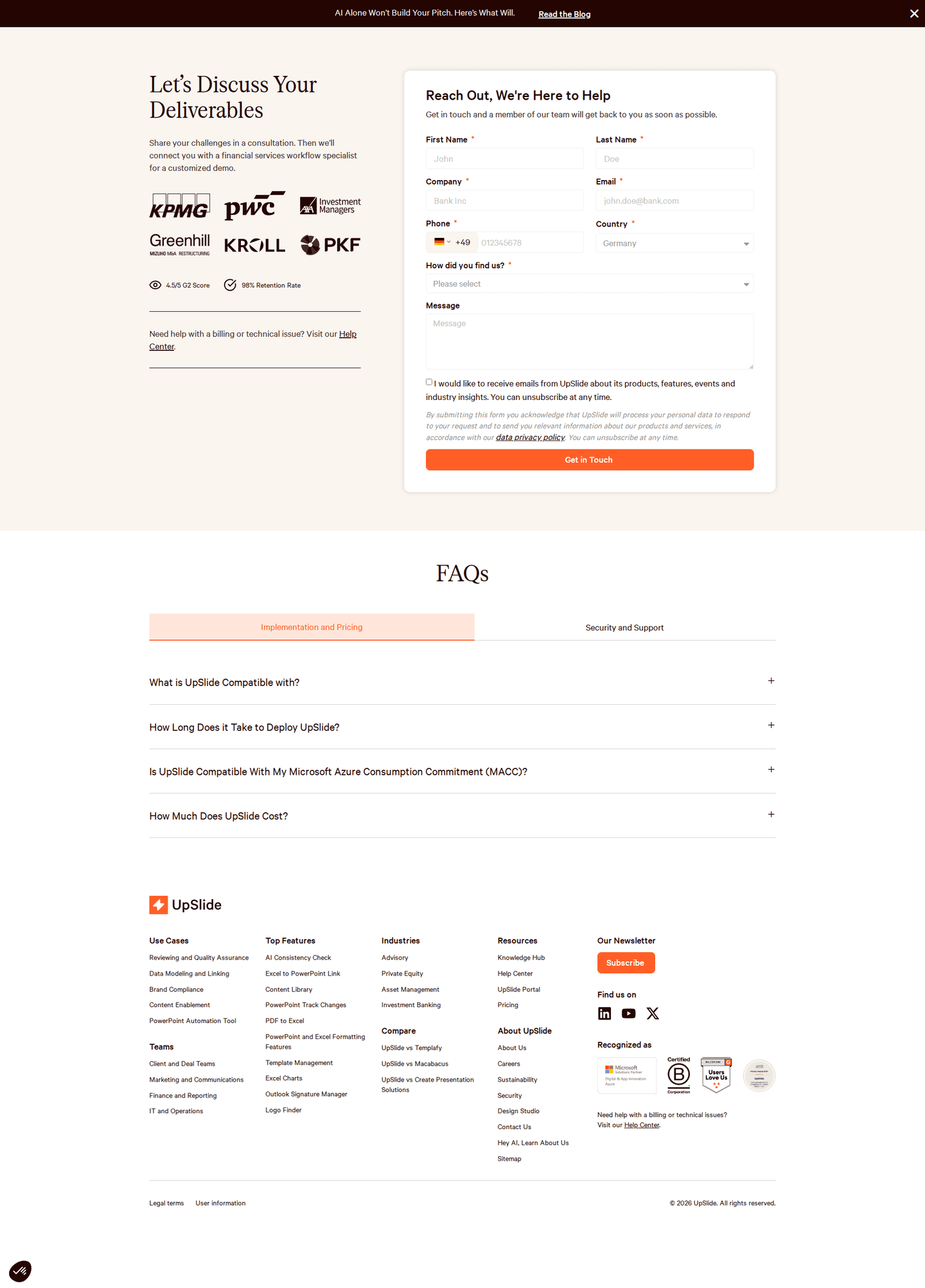 Upslide contact page