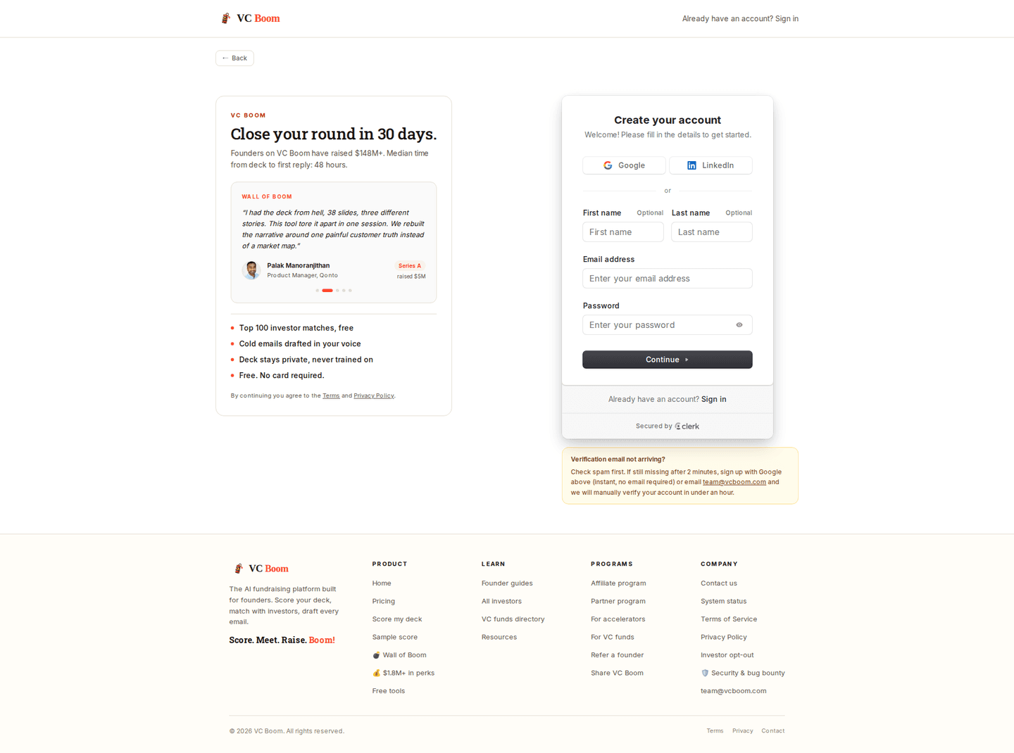 VC Boom signup page