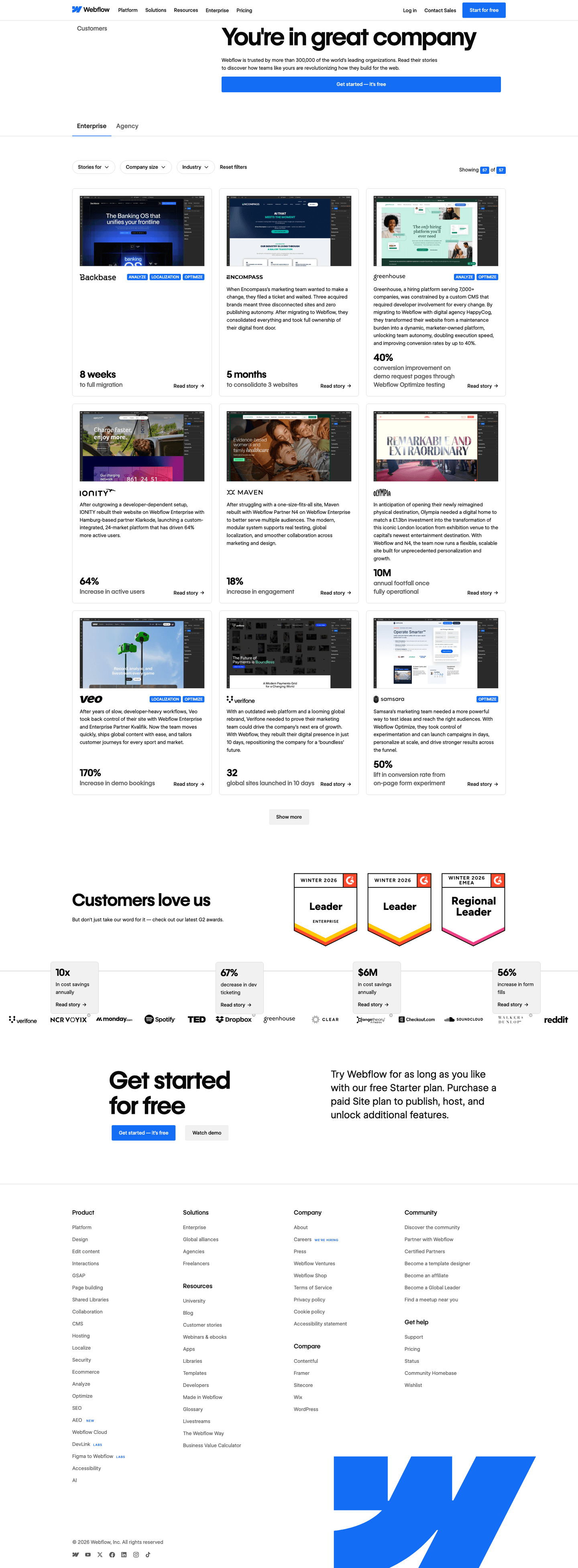 Webflow customer stories page