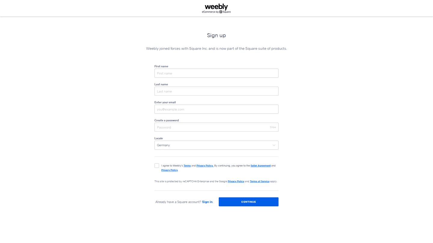 Weebly signup page