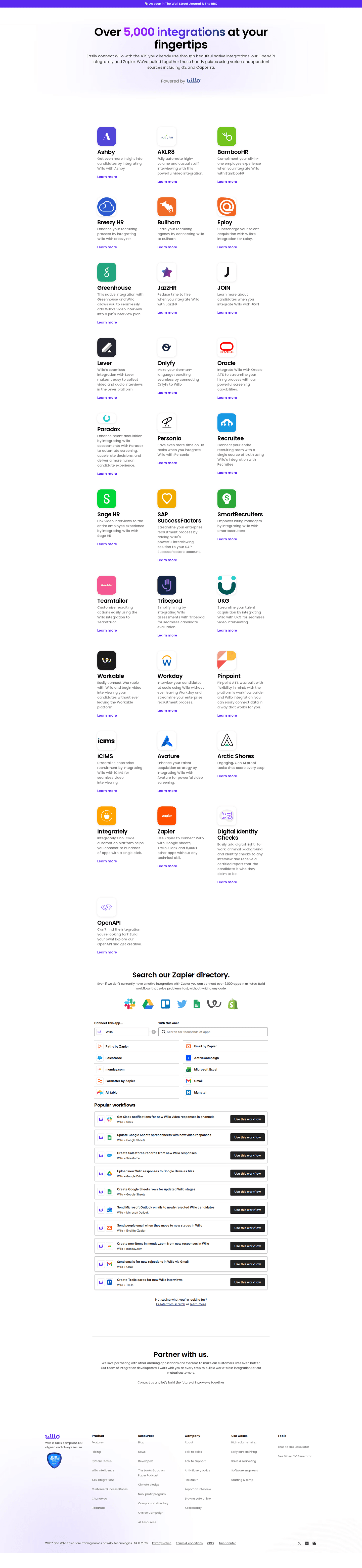 Willo integrations page