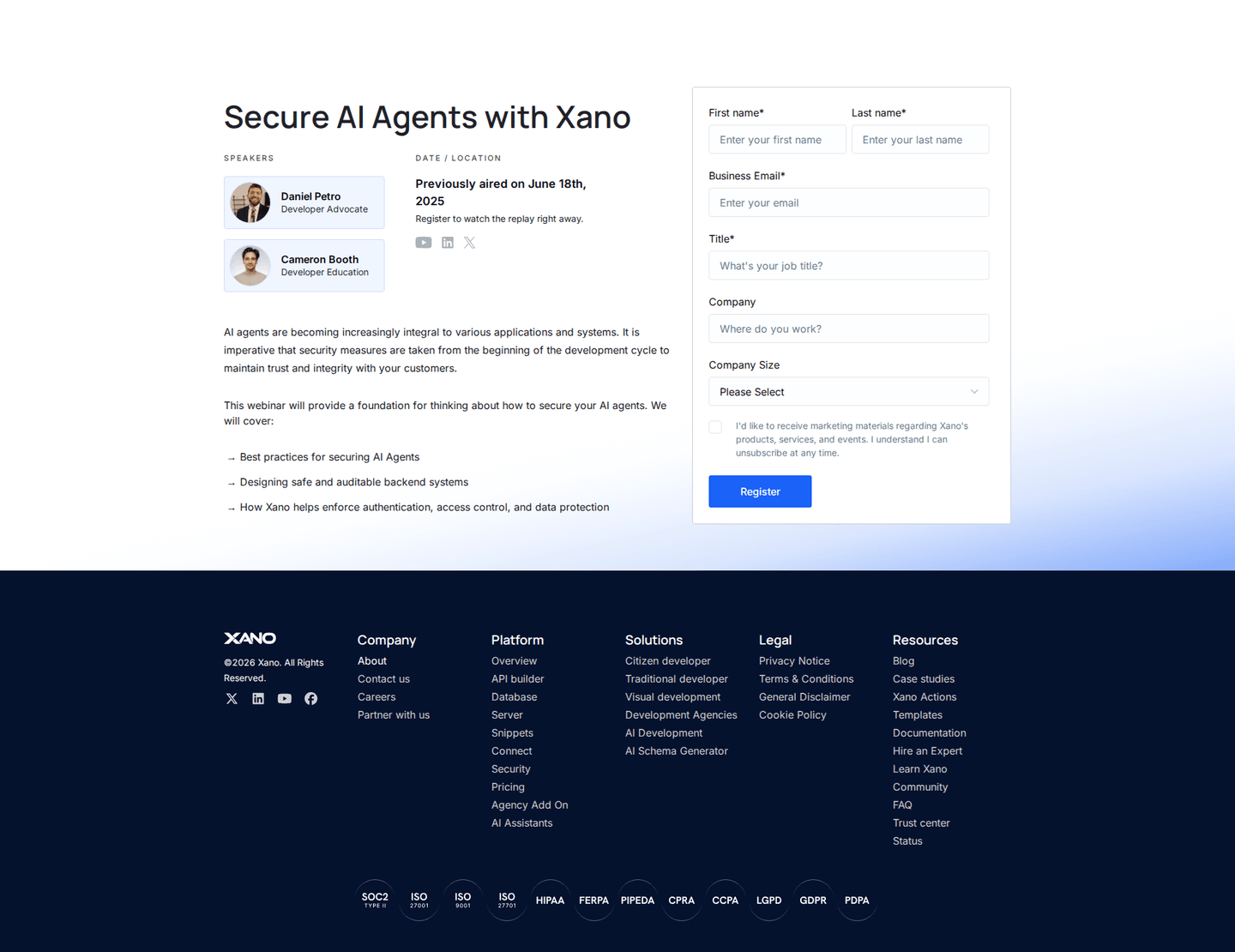 Xano webinar page