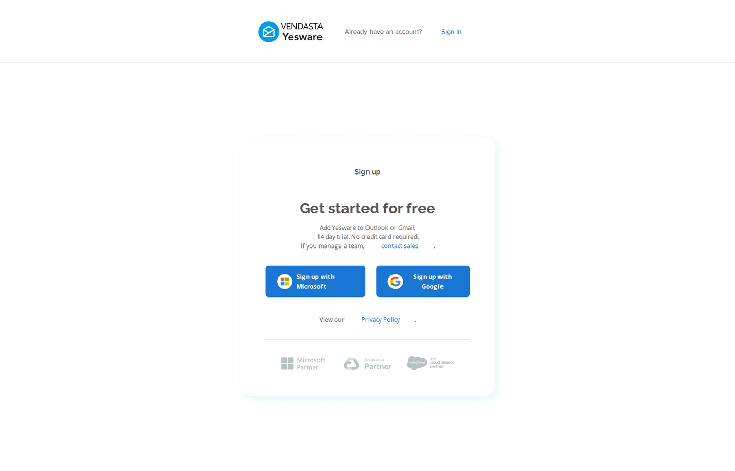 Yesware signup page