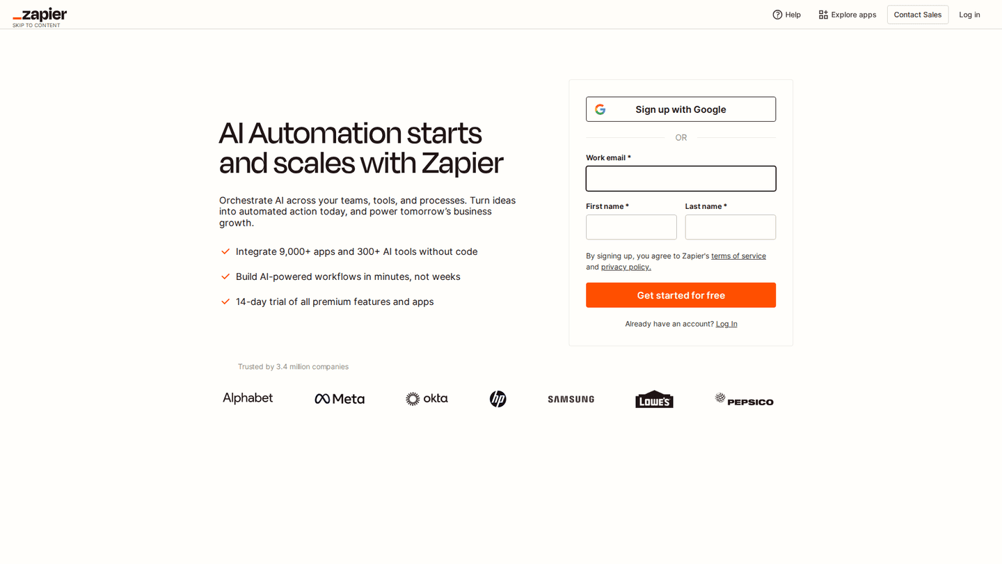 Zapier signup page