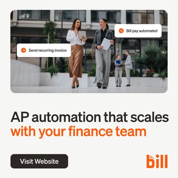 Bill's 159-day card: two people walking, two product chips floating over them, and one promise in 7 words