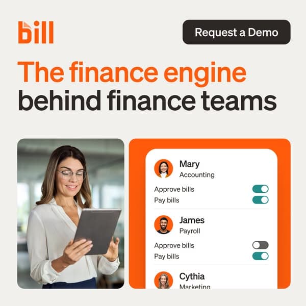 Bill: the finance engine behind finance teams, with an approvals list showing Mary in accounting and James in payroll