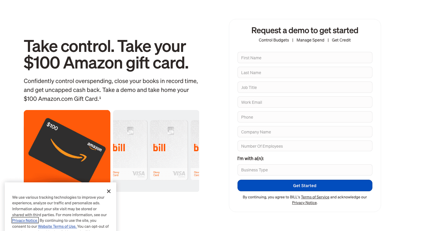 Bill's gift-card page: take control, take your $100 Amazon gift card, with the demo form already open on the right