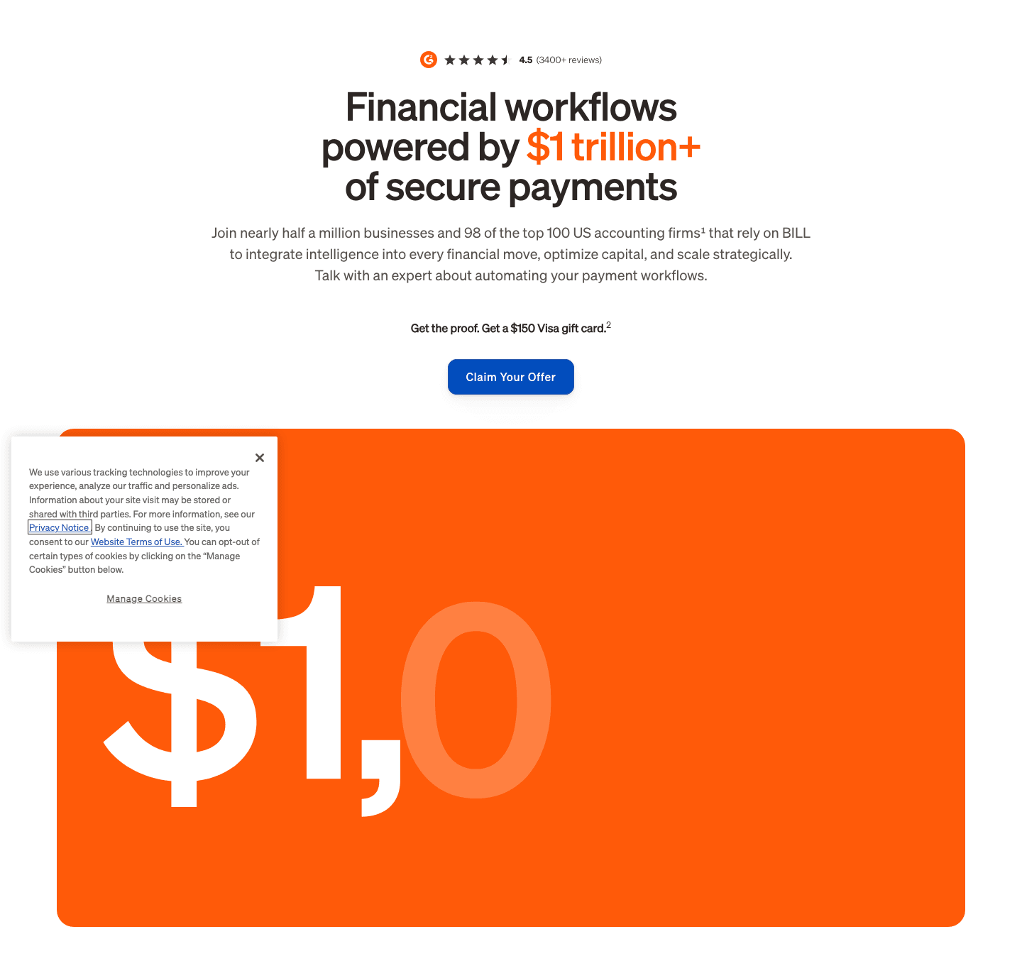 Bill hero: a G2 rating, a trillion dollars of payments, and the gift card named above the button