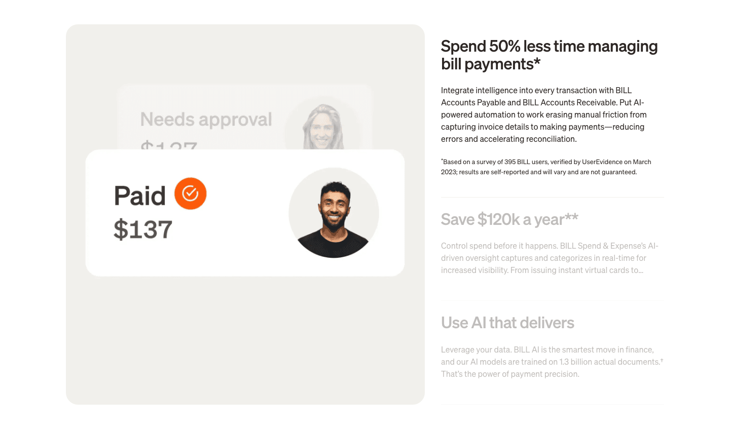 Bill's feature list: spend 50% less time managing bill payments, with the next two claims greyed out until you scroll