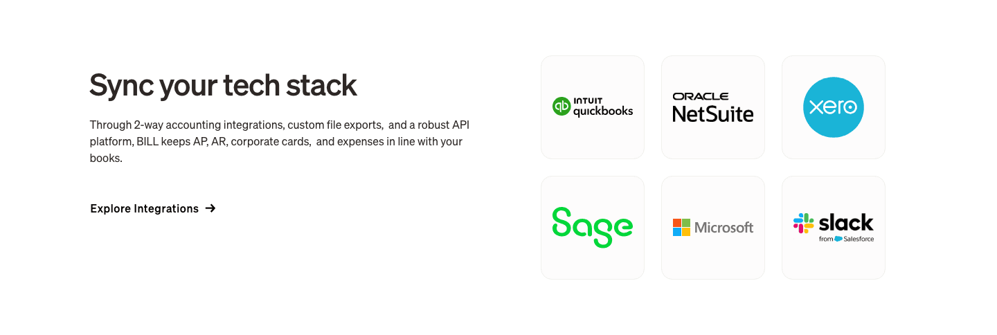 Bill's integration band: QuickBooks, NetSuite, Xero, Sage, Microsoft and Slack in six tiles
