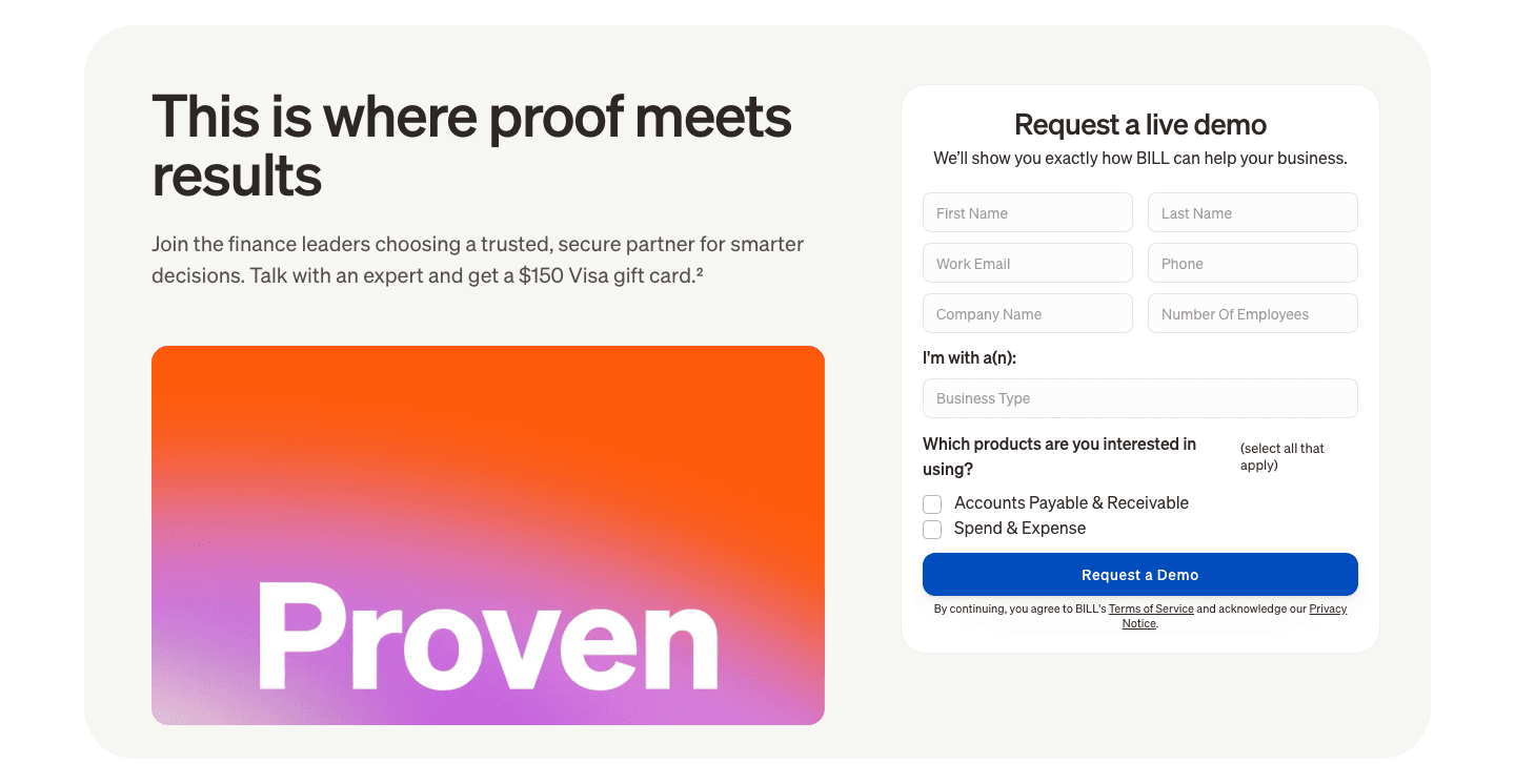 Bill's closing form: request a live demo, eight fields, and two product checkboxes