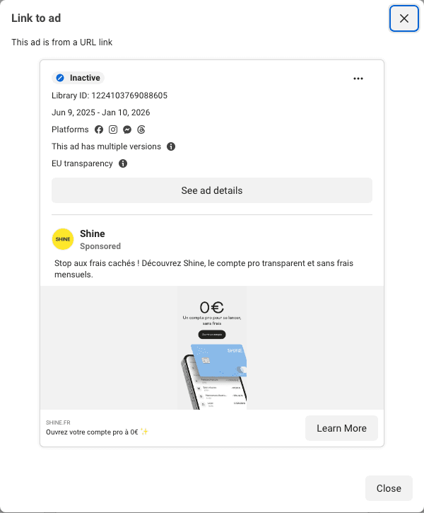 Shine's 215-day card: a single 0 euro sign over a blue card and a line of invoices