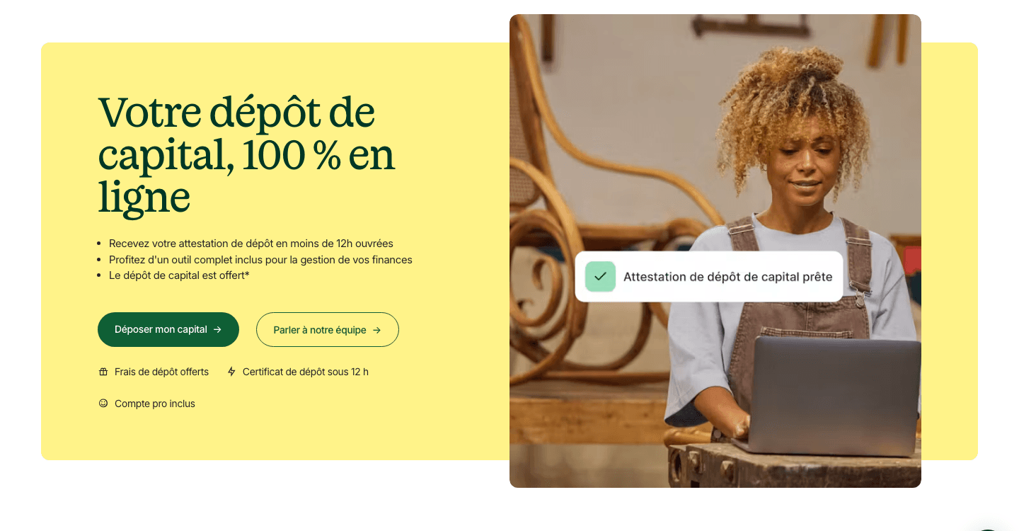 Shine's capital deposit page: a yellow hero, a certificate in under 12 working hours, and two buttons