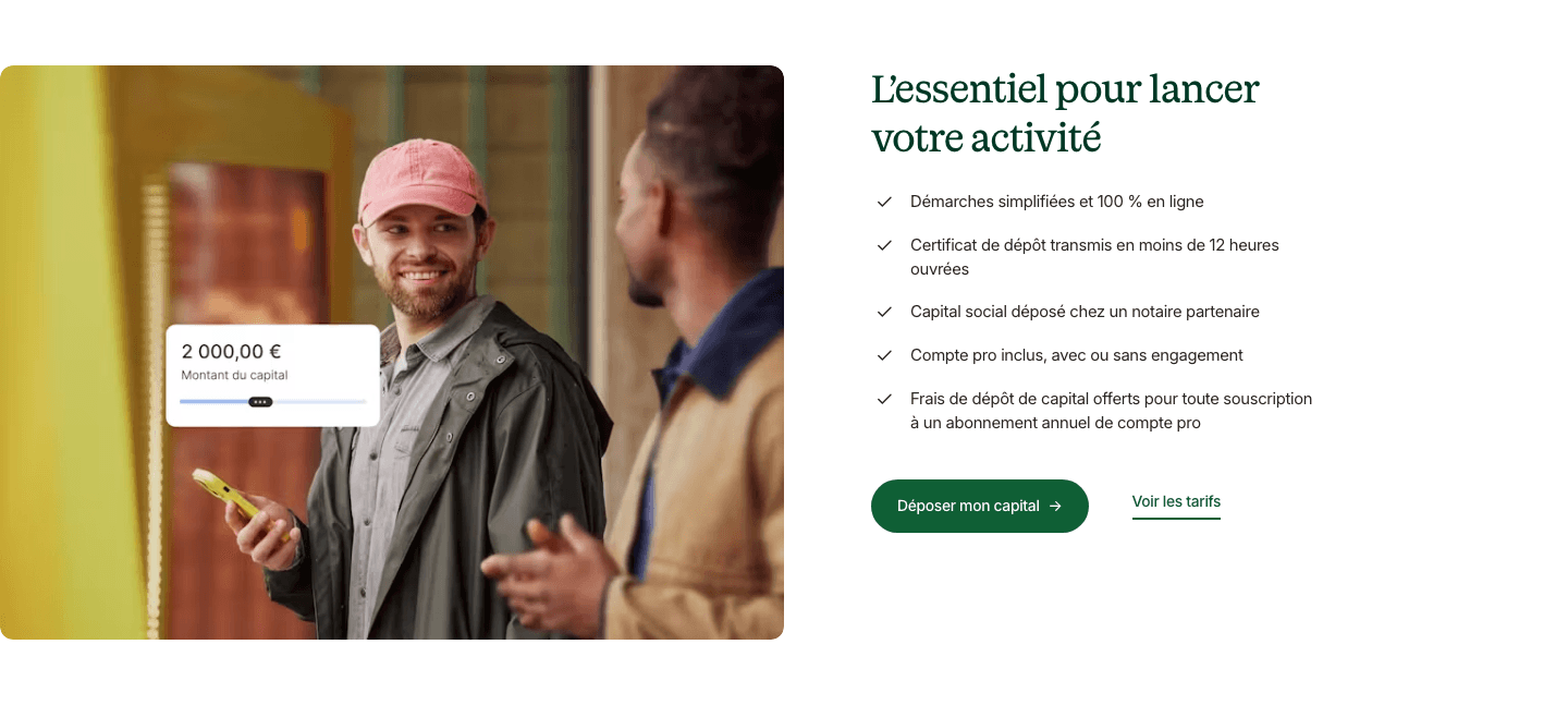 Shine's feature band: the essentials for launching, five ticks, and a phone showing a 2,000 euro capital amount