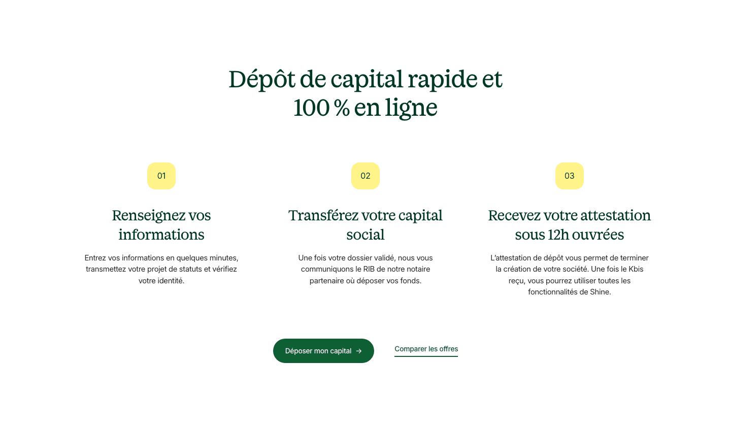 Shine's three steps: fill in your details, transfer your capital, get your certificate within 12 working hours