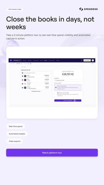 Spendesk: close the books in days, not weeks, over a screenshot of an approval queue with a real invoice total