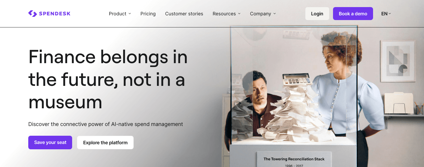 Spendesk's launch page: finance belongs in the future, not in a museum, with two reconciliation clerks behind glass