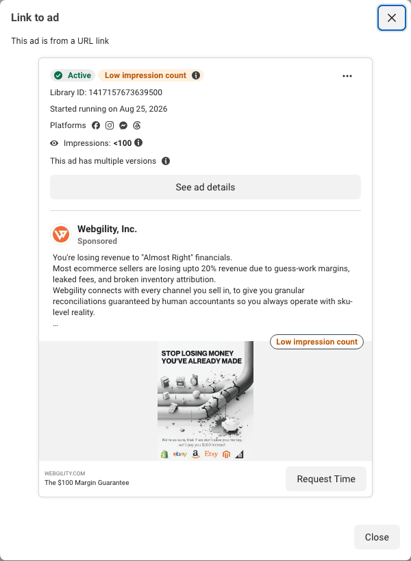 Webgility's card: the offer in the primary text, the guarantee in the link headline, Contact Us as the button