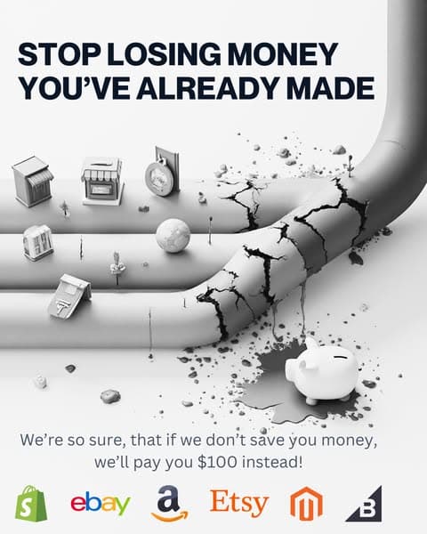 Webgility's guarantee, at the bottom of a burst pipe: if we don't save you money, we'll pay you $100 instead