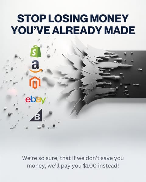 Webgility's guarantee card: five marketplace logos and a promise to pay you $100 if it does not work