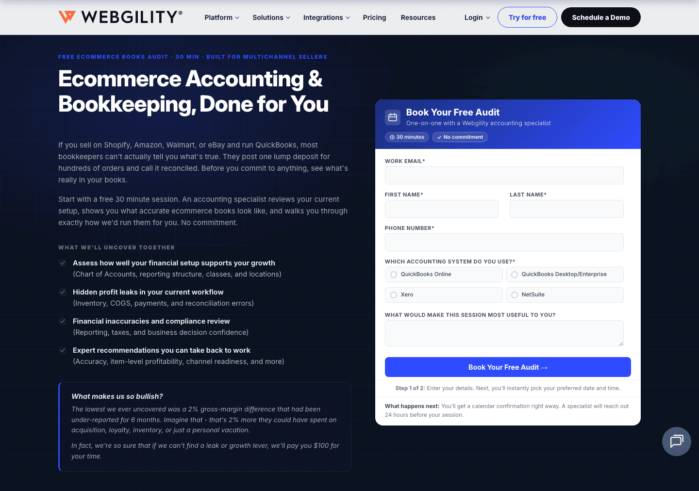 Webgility's hero: free ecommerce books audit, 30 minutes, with the booking form beside it