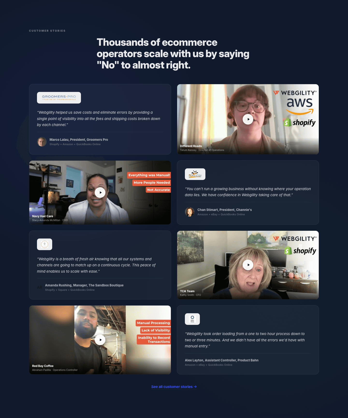 Webgility's customer stories: eight operators, half of them on video, each with their stack named