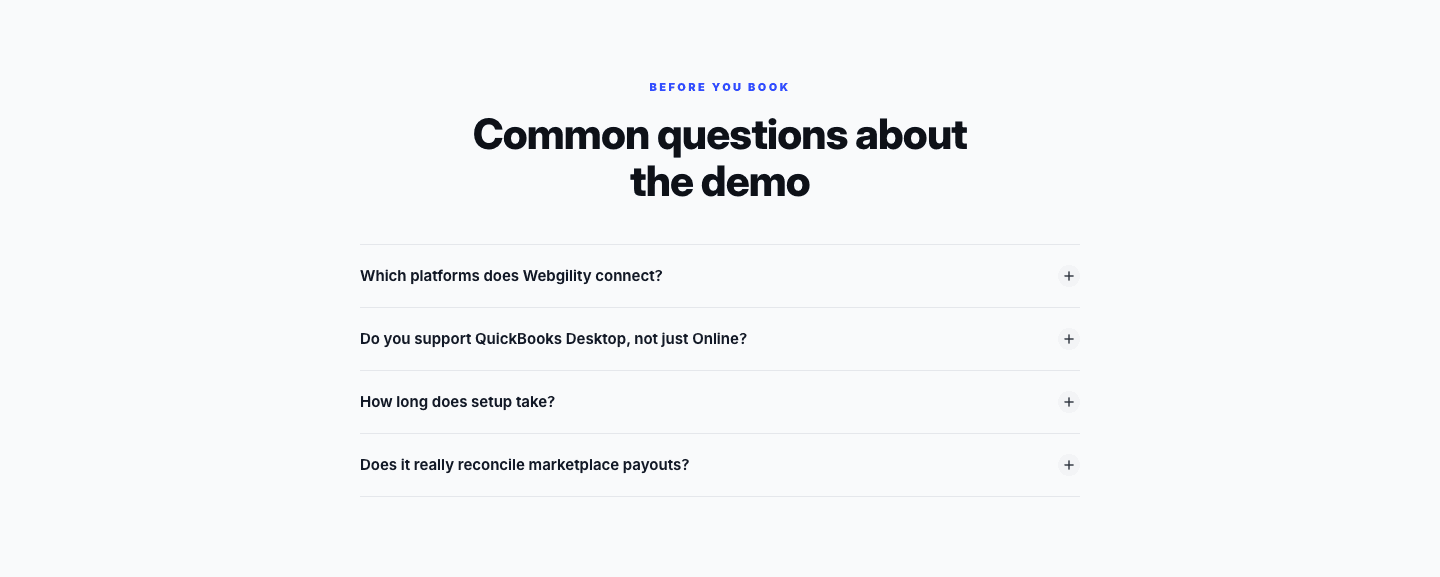 Webgility's FAQ: four questions, all of them about whether it works with what you have