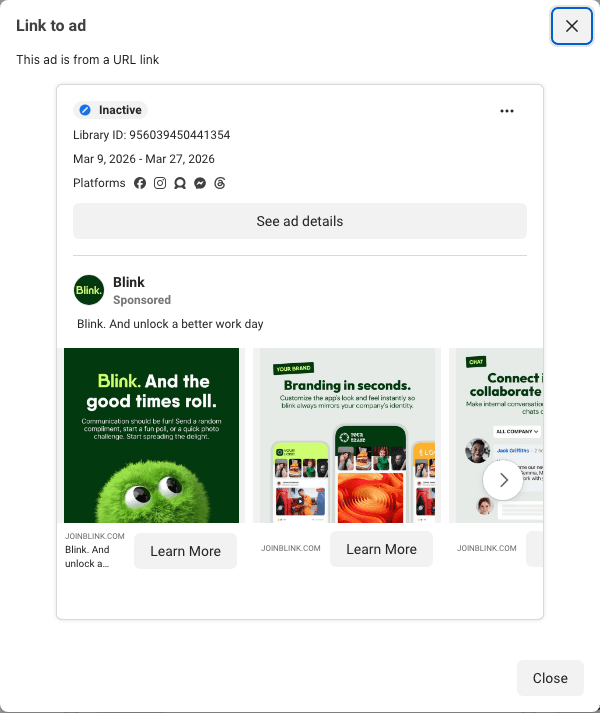 Blink's carousel: three product screens, one feature named on each