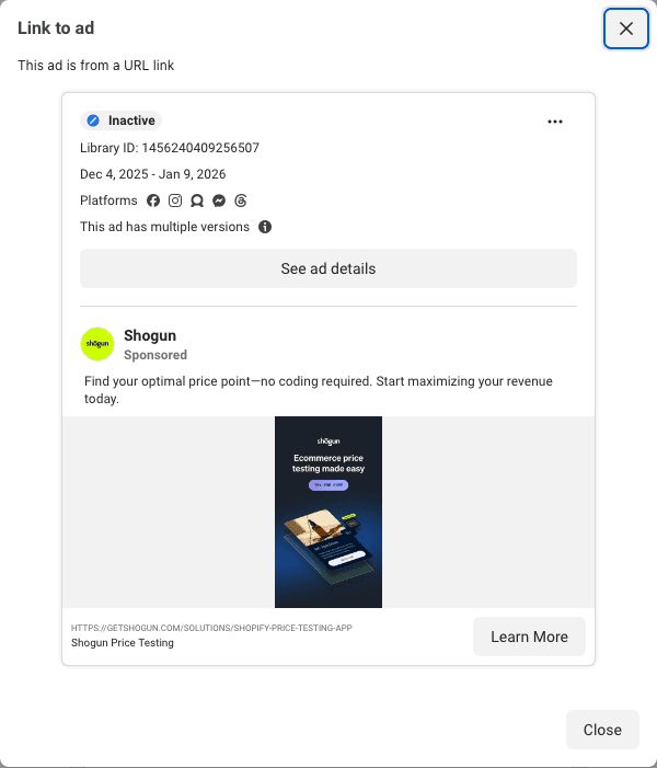 Shogun's card: "Ecommerce price testing made easy" over the product shot and the Try for free button, with the same primary text the second variant carries