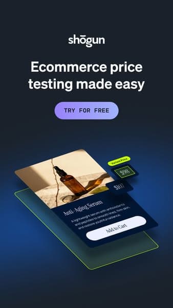 Shogun's creative: a product card, its price tested at $88 against $167, and a try-for-free button