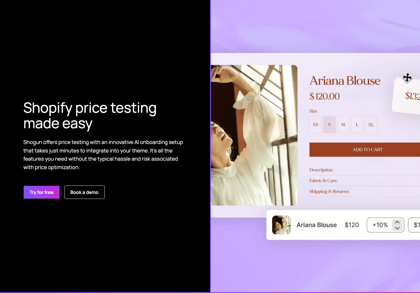 Shogun's price testing page: the creative's headline, repeated as the page's headline