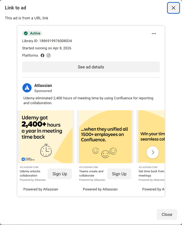 Atlassian's Confluence carousel: Udemy got 2,400+ hours a year in meeting time back, with a clock