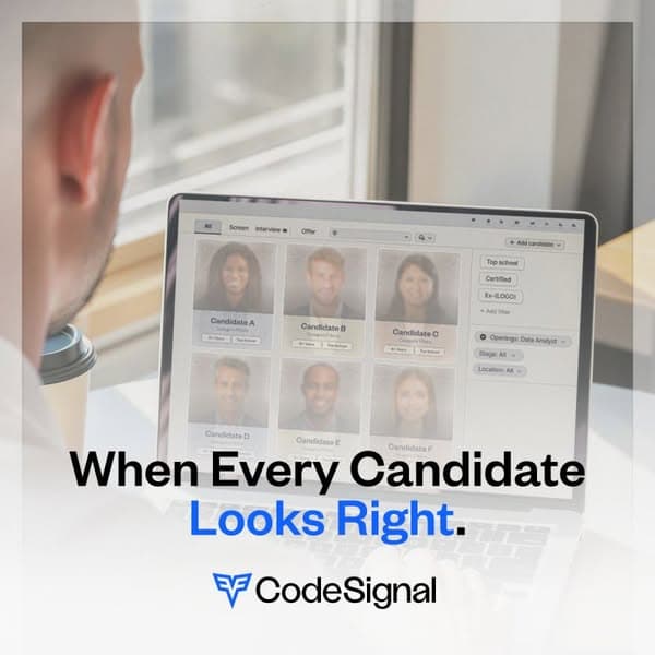 CodeSignal's card: a recruiter facing six candidates on a laptop, under the line When Every Candidate Looks Right