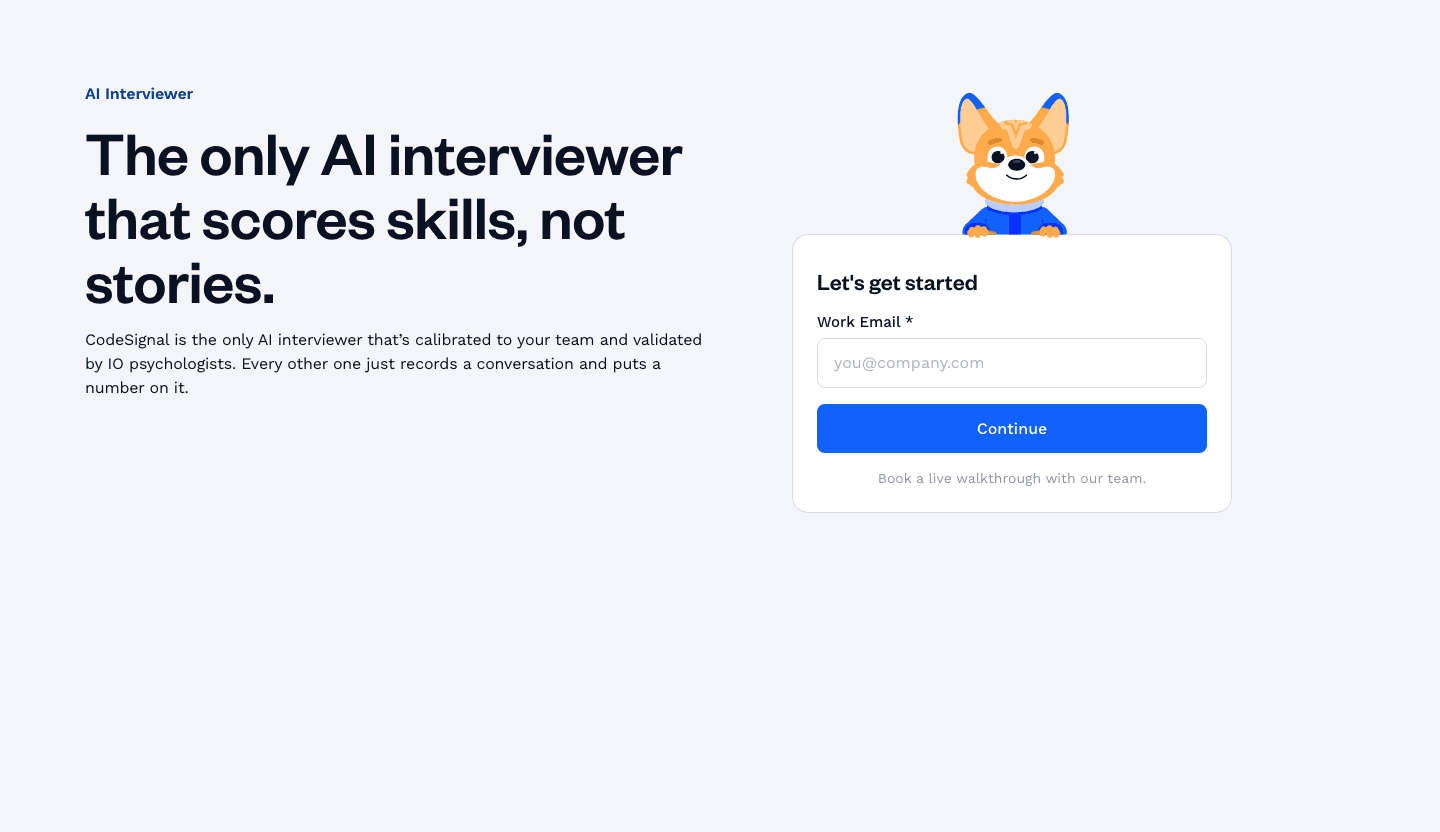 CodeSignal hero: The only AI interviewer that scores skills, not stories, and a work email form under a fox mascot