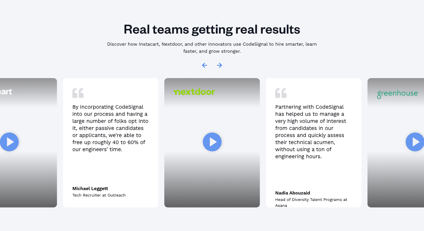Real teams getting real results: video cards from Nextdoor and Greenhouse, and quotes from Outreach and Asana