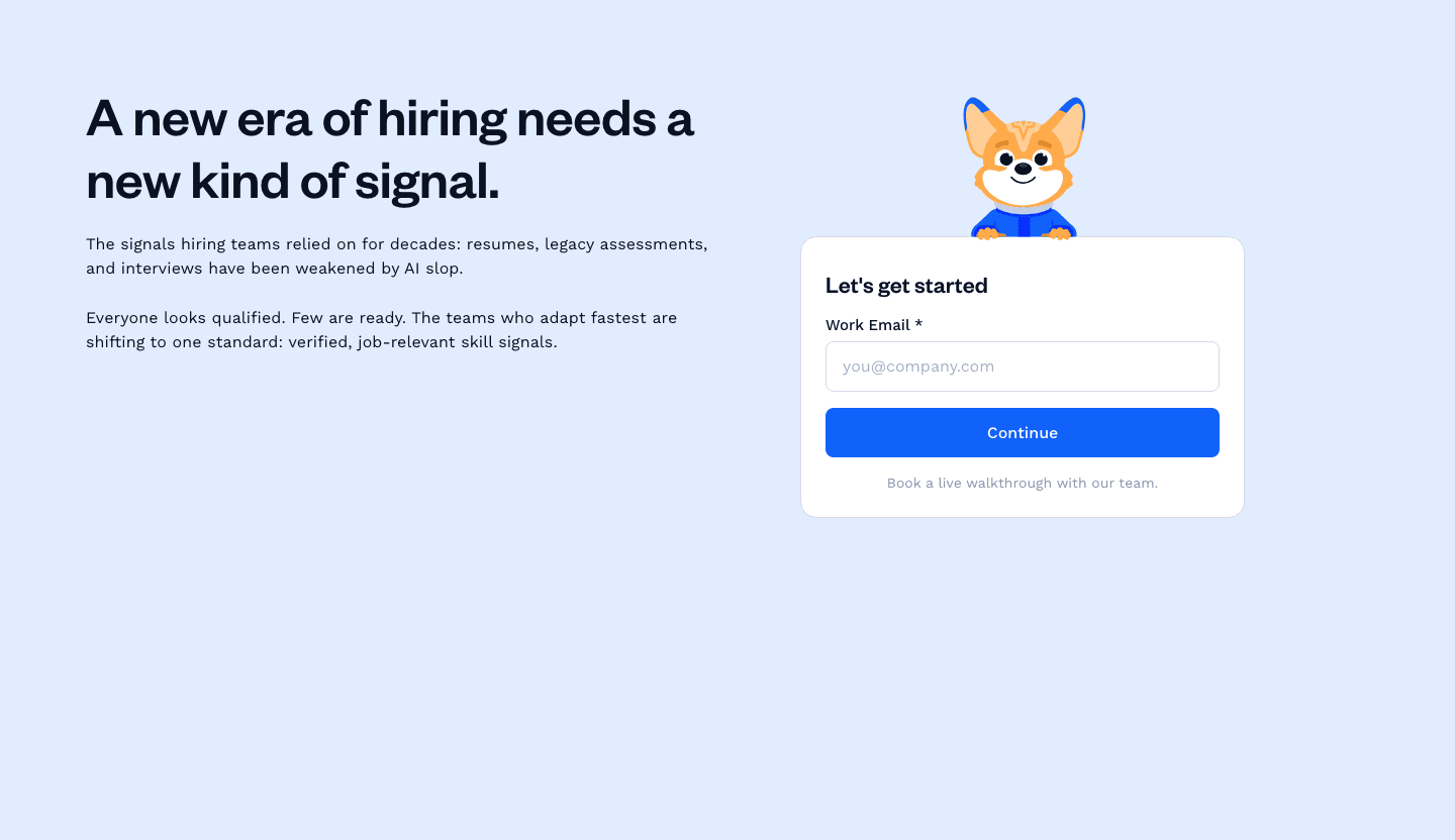 CodeSignal's flood page: A new era of hiring needs a new kind of signal, a work email field and a Continue button