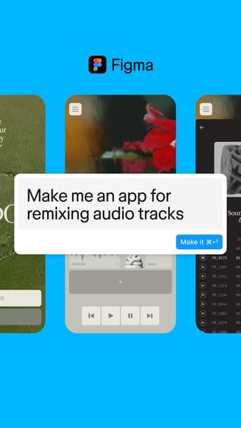 Figma Make's card: a prompt box over three app screens, make me an app for remixing audio tracks