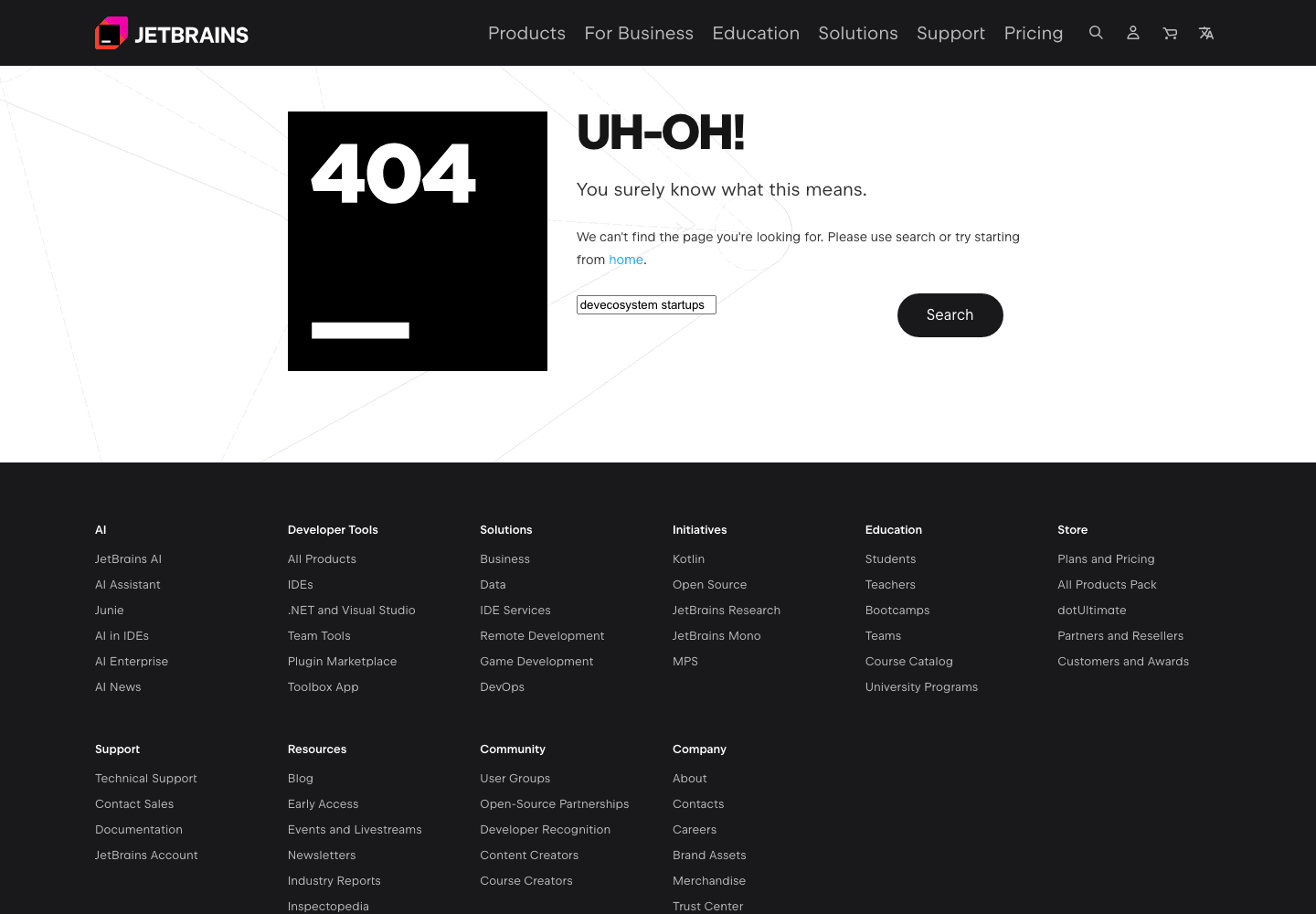 The JetBrains devecosystem-startups page as captured on 3 September 2026: a 404 with the words devecosystem startups left in the search box