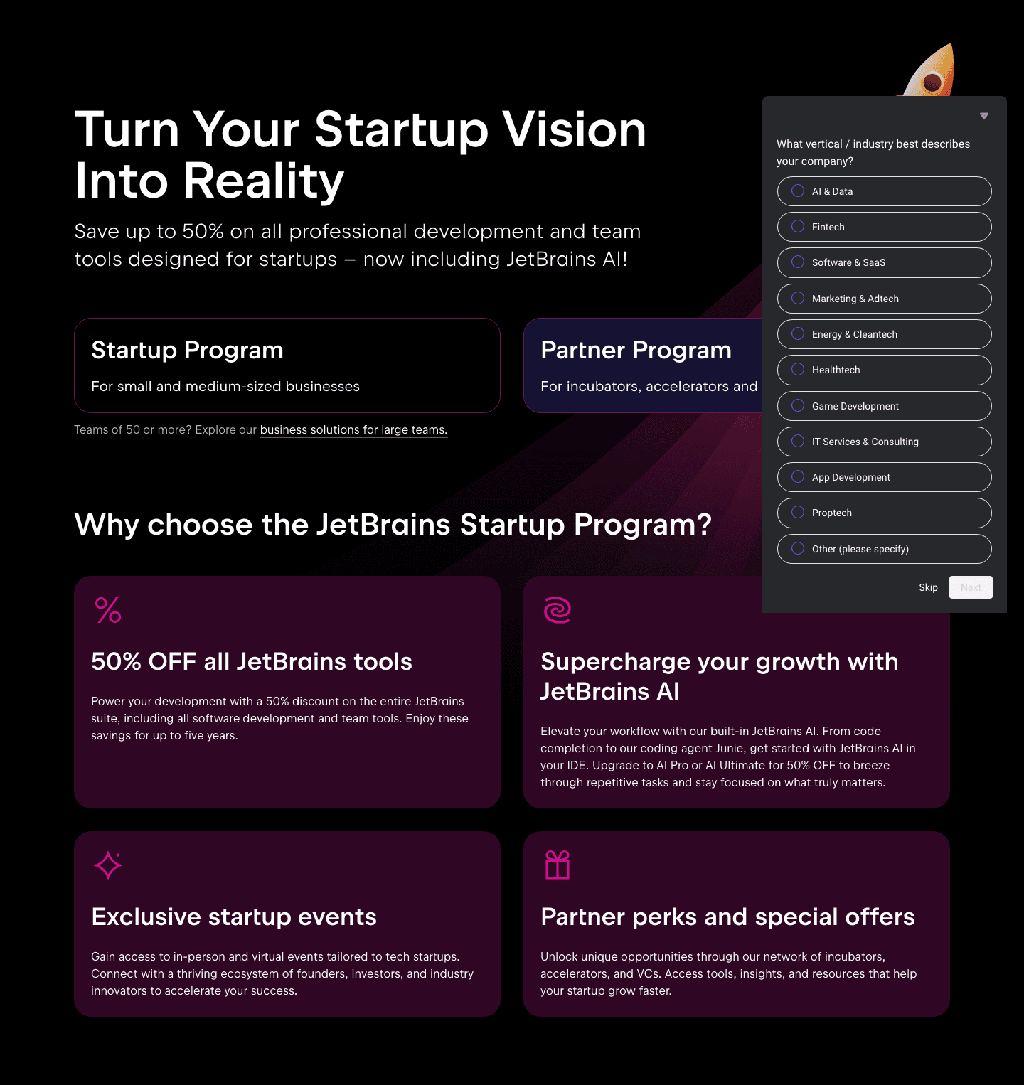 The startup-program hero: Turn Your Startup Vision Into Reality, two program cards, and a survey panel over the right-hand one