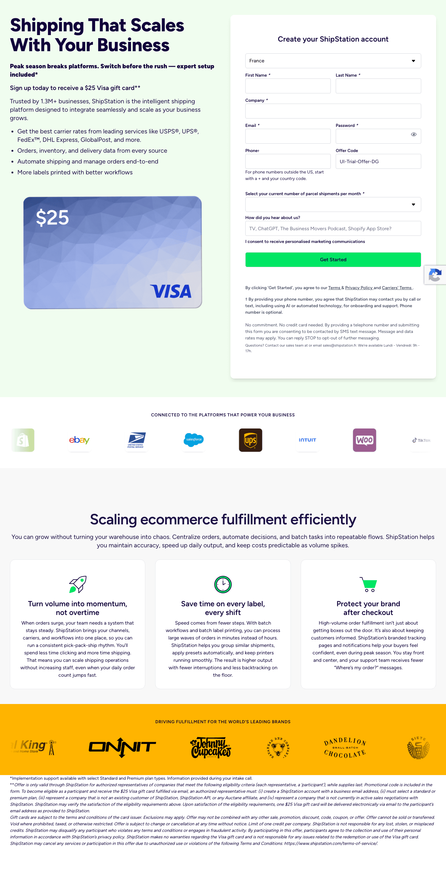 ShipStation's offer page: the $25 Visa card, the same form, and a promise about peak season